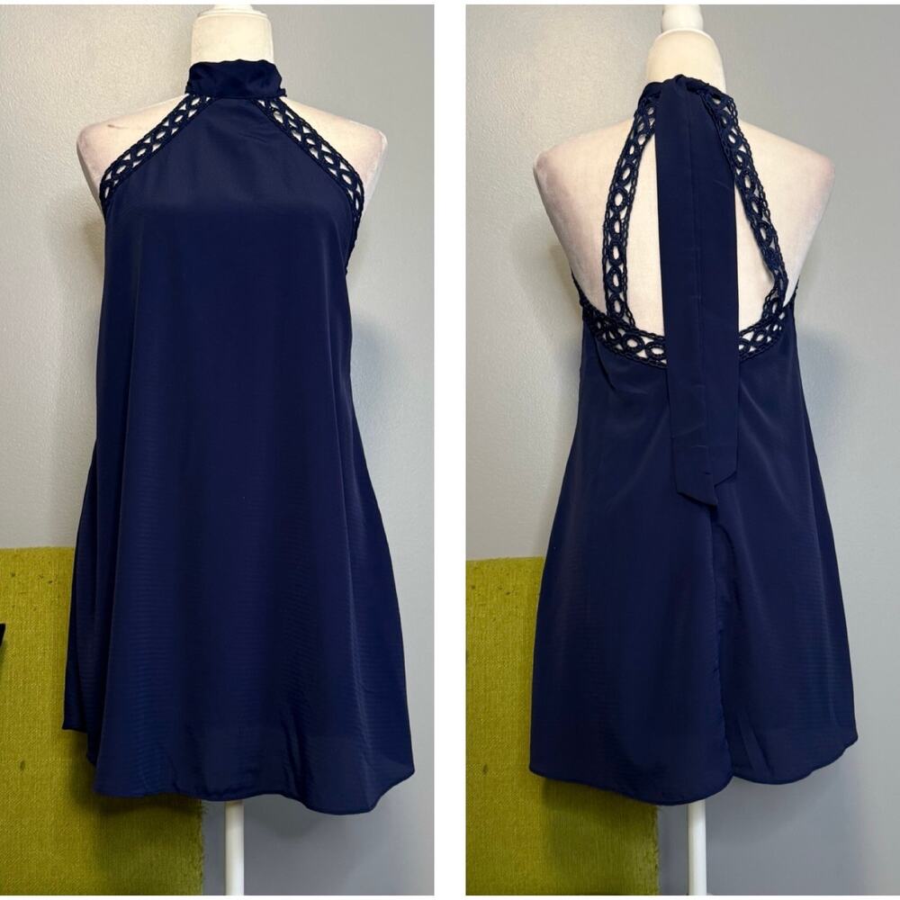 Lulus Blue Any Sway Shape or Form Lace Halter Mini Dress